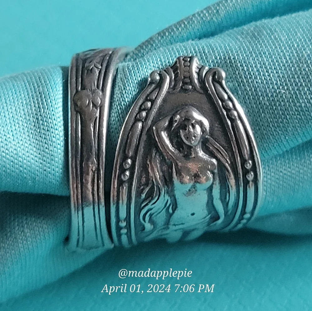 Vintage Sterling Silver Spoon Ring Goddess Woman Nude Handcrafted #134